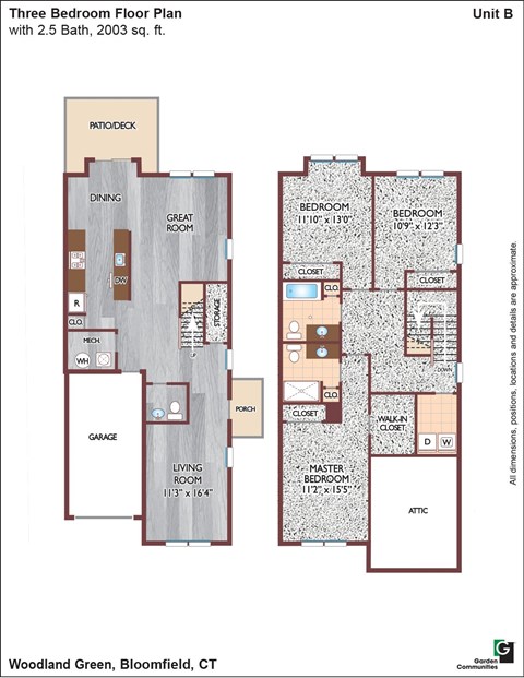 Floor plan for 3 beds, 2.5 baths, 2003 sqft